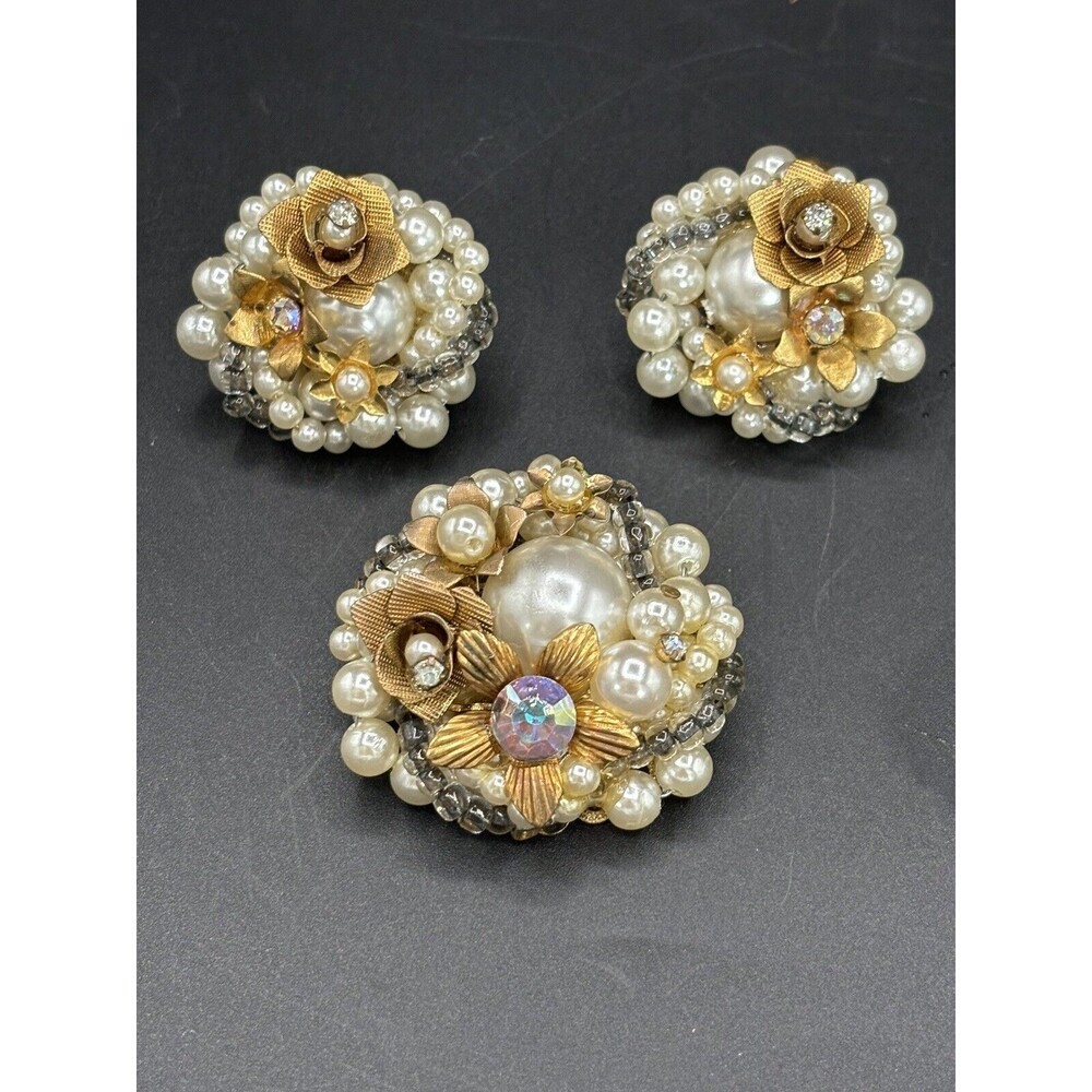 Vintage AB Rhinestone & Pearl Cluster Brooch Set With Earrings Estate piece